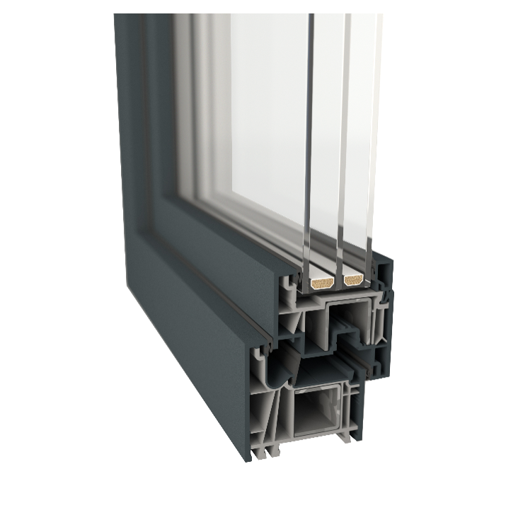 Close-up cross-section of a TruVue tilt-turn window frame showing thermal break and multi-chamber profile