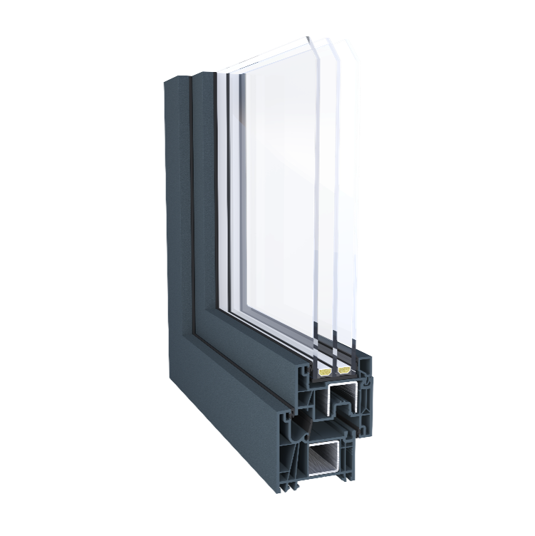 Cross-section of a TruVue tilt-turn window frame showing the multi-chamber thermal break and reinforced profile