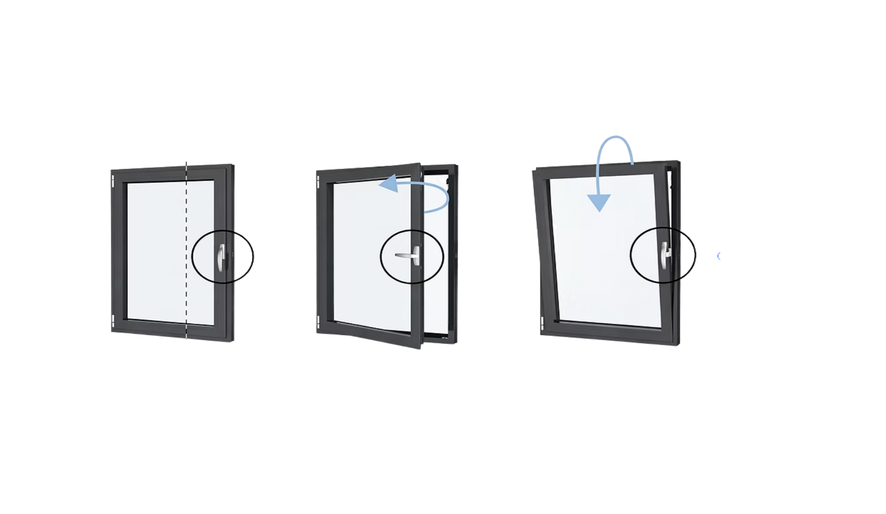 Three positions of a TruVue tilt-turn window: closed, tilted for ventilation, and fully turned open